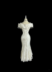 White V-neck lace fitted elegant ball gown R6634
