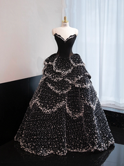 Black strapless, fitted waist, full skirt, long ball gown R8970