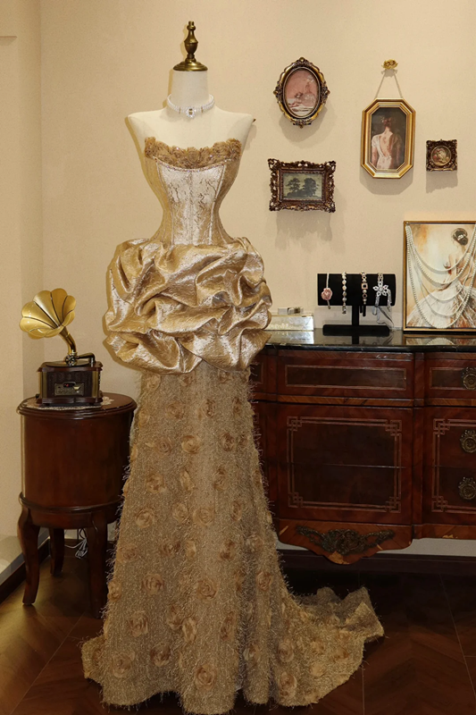 Golden strapless waist-cinching ruffled-bud hem long sexy prom dress R7940