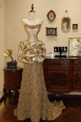 Golden strapless waist-cinching ruffled-bud hem long sexy prom dress R7940