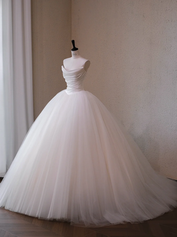 White Strapless Satin Pleated Waist Slim Fit Puffy Skirt Long Dress Bridal Gown R5720
