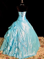 Light blue strapless, fitted waist, full skirt, long princess ball gown R8670