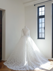 White off-the-shoulder, fitted waist, full skirt, long ball gown R8510