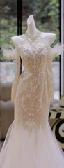Apricot halter neck diamond waist slim hip fishtail long dress bridal gown R5811