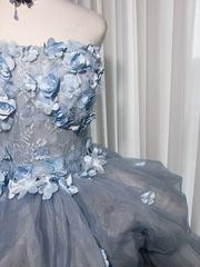 Light gray-blue strapless, fitted waist, three-dimensional floral, full skirt, long ball gown R8368