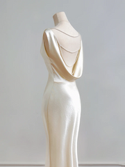 Champagne-colored satin fitted backless bodycon long ball gown R8161