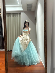 Champagne-colored strapless, fitted, long ball gown with a lake blue skirt R8853