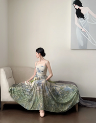 Light green halter-neck fitted floral maxi skirt ball gown R8051