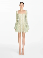Light green floral long sleeve slim waist A-line long skirt homecoming dress R4792