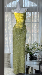 Light green sequined halter-neck fitted backless sexy ball gown R8096