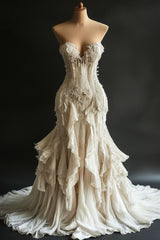 Glamorous Fall Wedding Dress Vintage Mermaid Strapless Ivory Tulle Long Dress     S7113