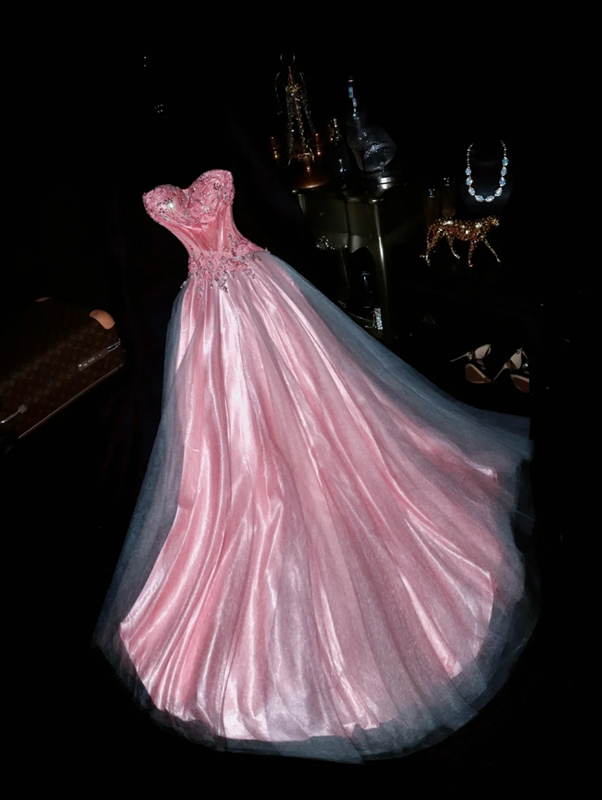 Pink strapless rhinestone high-waisted elegant fairy long ball gown R6926