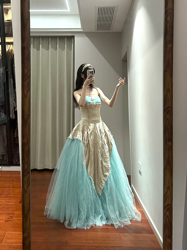 Champagne-colored strapless, fitted, long ball gown with a lake blue skirt R8853