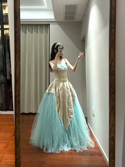 Champagne-colored strapless, fitted, long ball gown with a lake blue skirt R8853