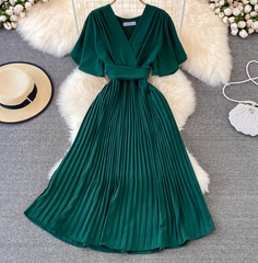 2025 new V-neck short-sleeved dress slim fit temperament waist tie big swing pleated long skirt R0345