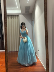 Lake blue halter-neck fitted waist puff skirt long ball gown R8852