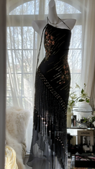 Black halter-neck, fitted waist, bodycon sexy long ball gown R7669