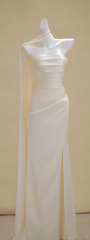 Apricot Strapless Waist Slim Pleated Satin Maxi Bridal Dress R5762