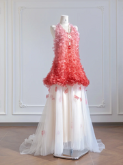 Pink gradient halter neck top and white tulle skirt set for a prom dress R8275