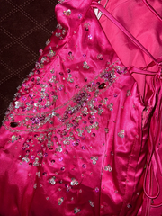Pink halter neckline, fitted waist, sexy long ball gown R7033