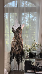 Champagne-colored halter-neck fitted black lace skirt sexy ball gown R7630