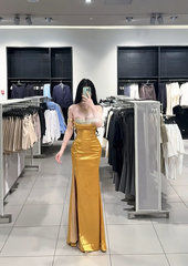 Gold strapless, fitted, bodycon, sexy long ball gown R7901