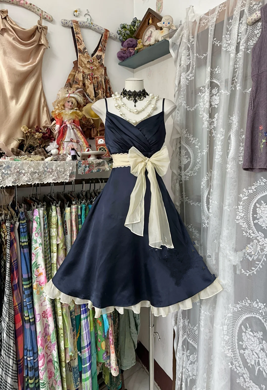 Navy blue halter-neck fitted satin mini dress, ball gown R6275