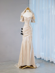 Light champagne-colored strapless, fitted, sexy long ball gown R9031