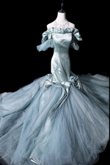 Gray-blue off-shoulder fitted waist bodycon mermaid long ball gown R8699