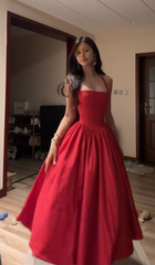 Red halter-neck, fitted waist, full skirt, long ball gown R7555