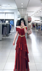 Red off-shoulder fitted waist slim-fitting tiered skirt long ball gown R7782