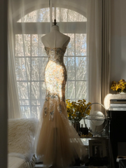 Light champagne gold strapless fitted waist bodycon long ball gown R7711
