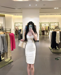 White halter-neck fitted bodycon midi ball gown R7783