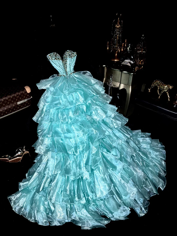 Blue strapless fitted waist princess skirt ball gown R6397