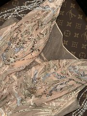 Champagne-colored halter-neck embroidered waist-cinching tulle skirt long ball gown R6876