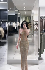 Champagne-colored halter neck, fitted waist, bodycon sexy long ball gown R7784