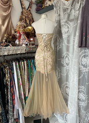 Champagne-colored strapless classic mermaid dress, fitted waist design, ball gown R6357