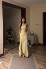 Light yellow halter-neck, fitted waist, bodycon sexy prom dress R7557