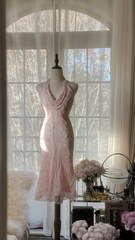 Light pink halter neck, fitted waist, bodycon sexy mid-length ball gown R7713