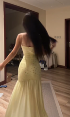 Light yellow halter-neck, fitted waist, bodycon sexy prom dress R7557