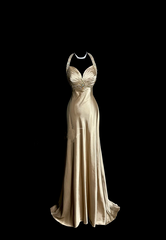Gold halter neck, fitted waist, slimming, backless, hip-revealing long ball gown R6678
