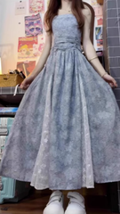 Blue lace tube top dress 2025 new beautiful waist a-line long skirt R0675
