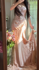 Light pink halter-neck fitted long ball gown with rhinestones - sexy and slimming R7786