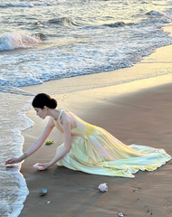 Light yellow sleeveless straight-cut long elegant prom dress R7984