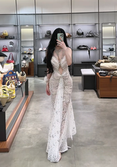 White halter neck, fitted waist, slimming and sexy long ball gown R7905