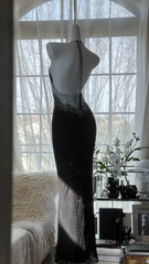 Black halter-neck, fitted waist, backless, sexy bodycon long ball gown R7673