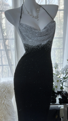Black halter-neck, fitted waist, backless, sexy bodycon long ball gown R7673