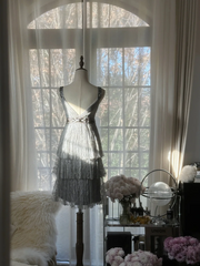 Light gray halter-neck low-cut fitted waist tiered skirt short ball gown R7714