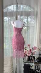 Rose pink sequined halter top, fitted waist, bodycon short ball gown R7634