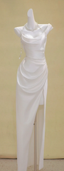 White one-shoulder slim-waist satin pleated slit maxi bridal gown R5766